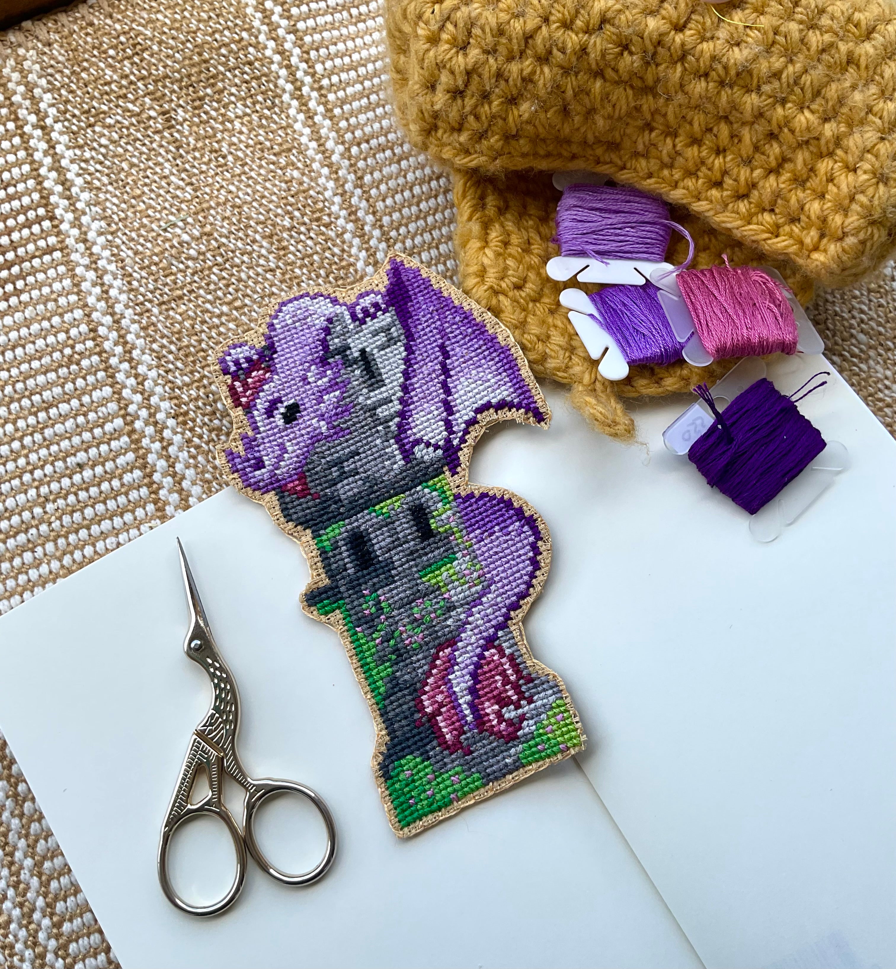Modèle de point de croix dragon marque-page pixel art